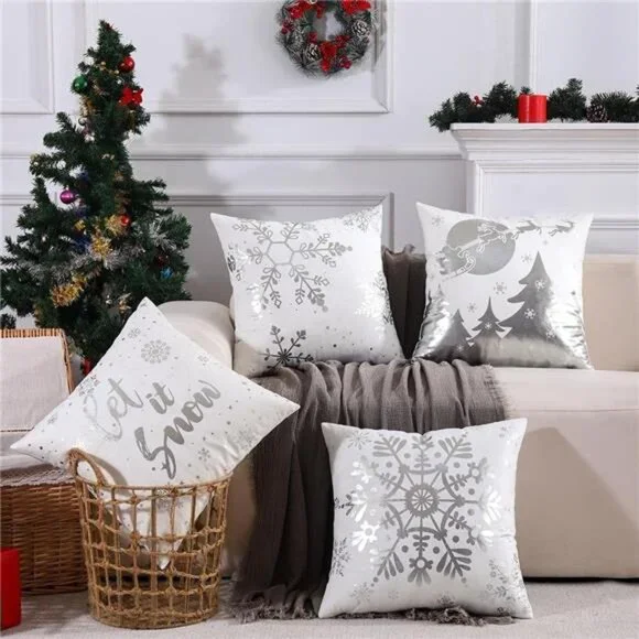 Set of 4, Christmas Decorations Silver and White Christmas Pillow Covers 18x18" - Picture 8 of 9
